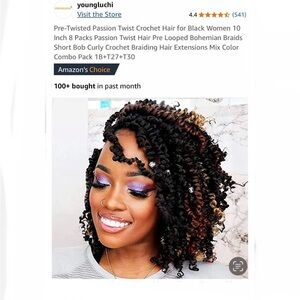 Tiana Pre-Twisted Passion Twist Crochet Hair (6-8 pk), 10 inch, 100% handmade